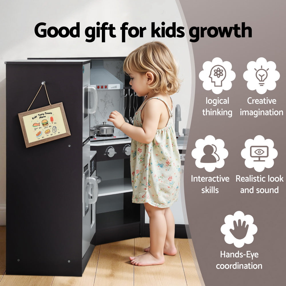 Keezi Kids Kitchen Play Set Wooden Pretend Cooking Playset w/Sounds Lights Black Awezingly
