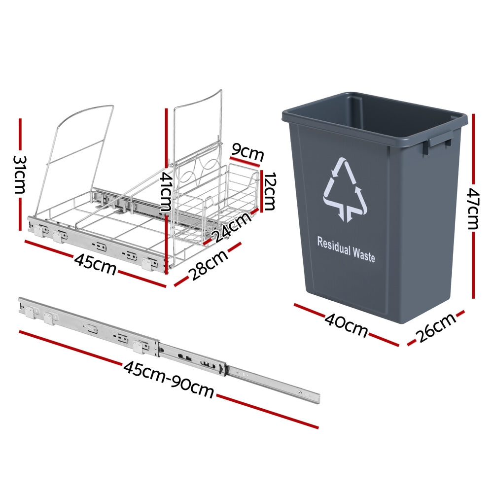 Cefito Pull Out Bin Kitchen Cabinet Slide Garbage Rubbish Bins Basket 40L Grey Awezingly