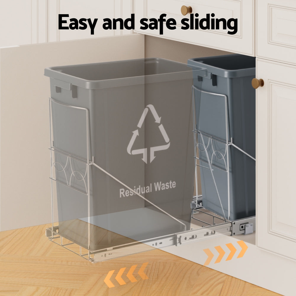 Cefito Pull Out Bin Kitchen Cabinet Slide Garbage Rubbish Bins Basket 40L Grey Awezingly