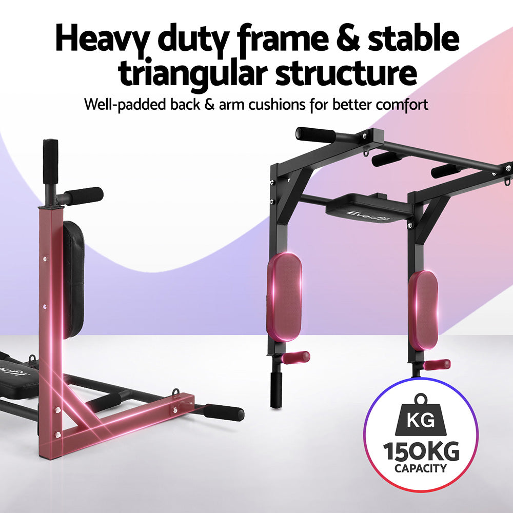 Everfit Pull Up Bar Dip Station Multi Gym 150kg Home Power Station Black Red Awezingly