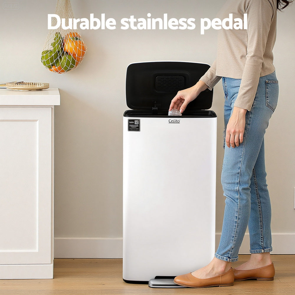 Cefito Pedal Bins Rubbish Bin Waste Recycle Dustbins Kitchen Trash Can 40L White Awezingly
