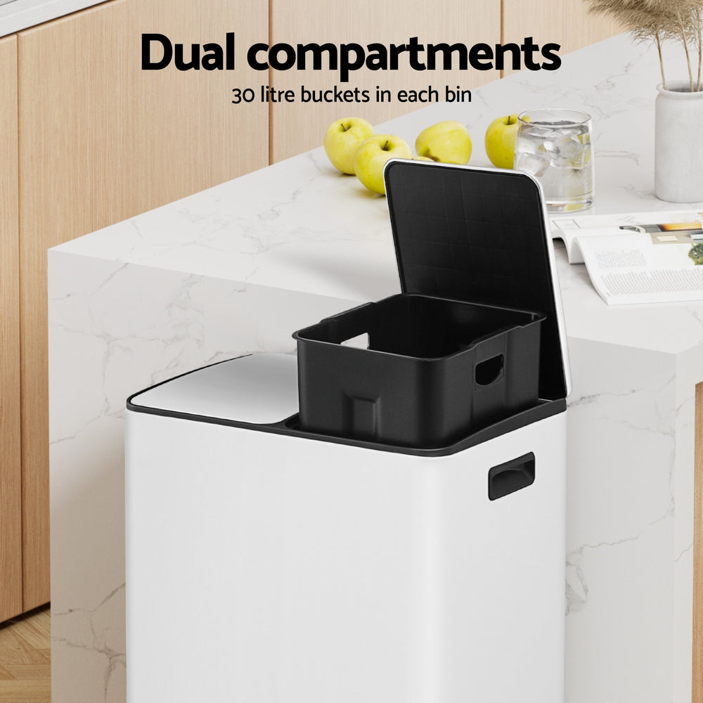 Cefito Pedal Bins Rubbish Bin Dual Compartment Waste Recycle Dustbins 60L White Awezingly