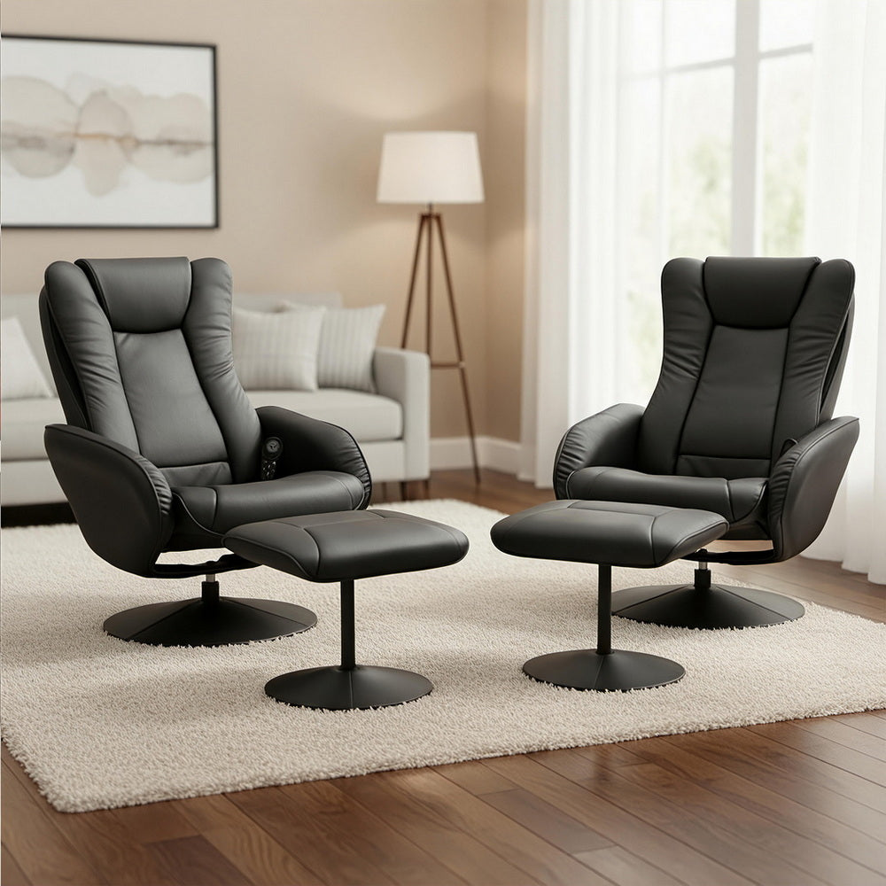Artiss 2X Recliner Chair Ottoman Heated Massage Black Awezingly