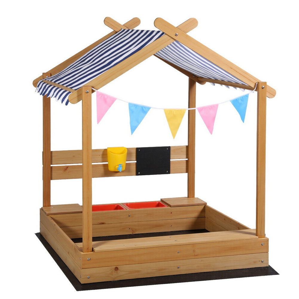 Keezi Kids Sandpit Wooden Sandbox Sand Pit with Canopy Water Basin Toys 146cm Awezingly