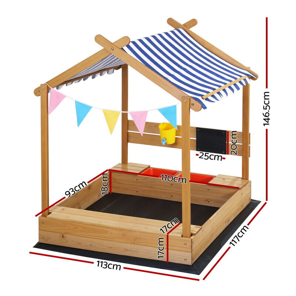 Keezi Kids Sandpit Wooden Sandbox Sand Pit with Canopy Water Basin Toys 146cm Awezingly