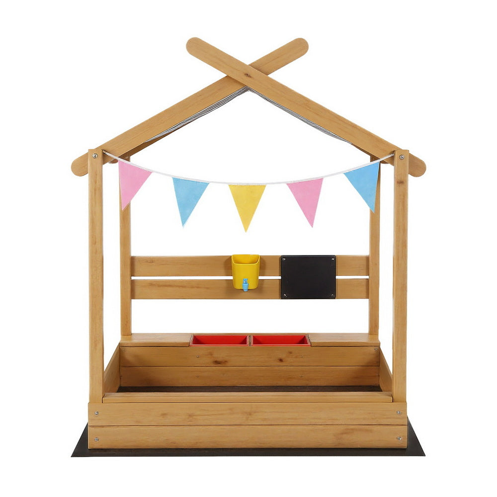 Keezi Kids Sandpit Wooden Sandbox Sand Pit with Canopy Water Basin Toys 146cm Awezingly