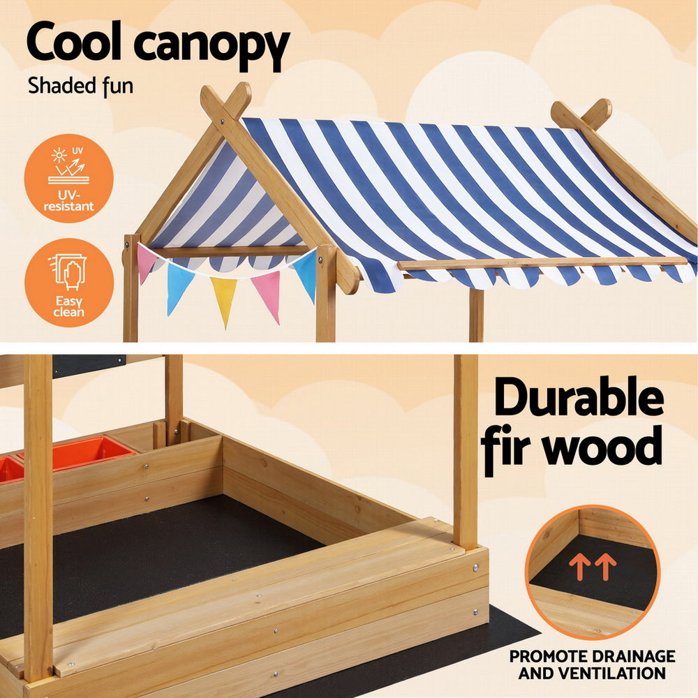 Keezi Kids Sandpit Wooden Sandbox Sand Pit with Canopy Water Basin Toys 146cm Awezingly