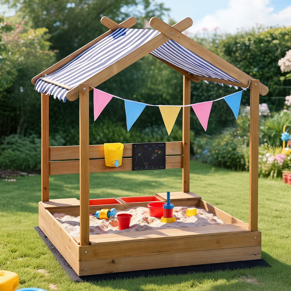 Keezi Kids Sandpit Wooden Sandbox Sand Pit with Canopy Water Basin Toys 146cm Awezingly