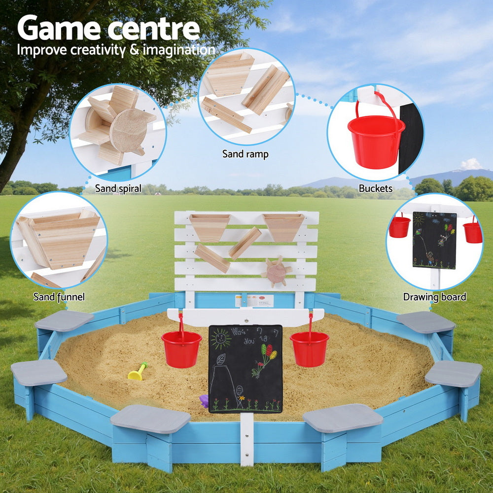 Keezi Kids Sandpit Wooden Round Sand Pit with Cover Funnel Bench Seat Beach Toys 215cm Awezingly