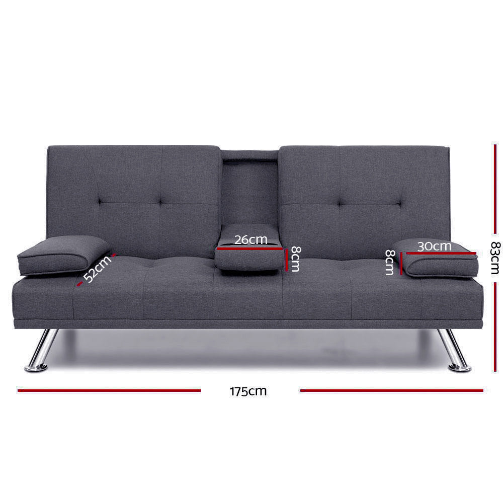 Artiss Linen Fabric 3 Seater Sofa Bed Recliner Lounge Couch Cup Holder Futon Dark Grey Artiss