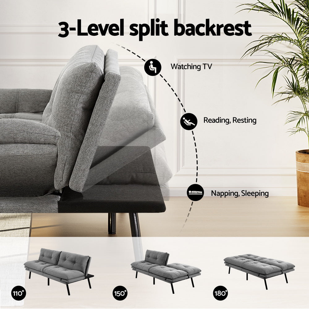 Artiss Sofa Bed Convertible 3 Seater Couch Recliner Lounge Chair Fabric Grey Artiss