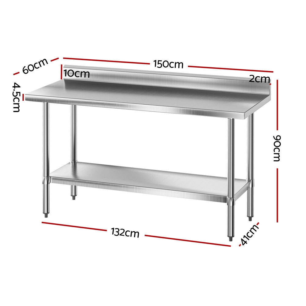 Cefito Stainless Steel Kitchen Bench w/ Splashback 1500x600MM 430 Awezingly