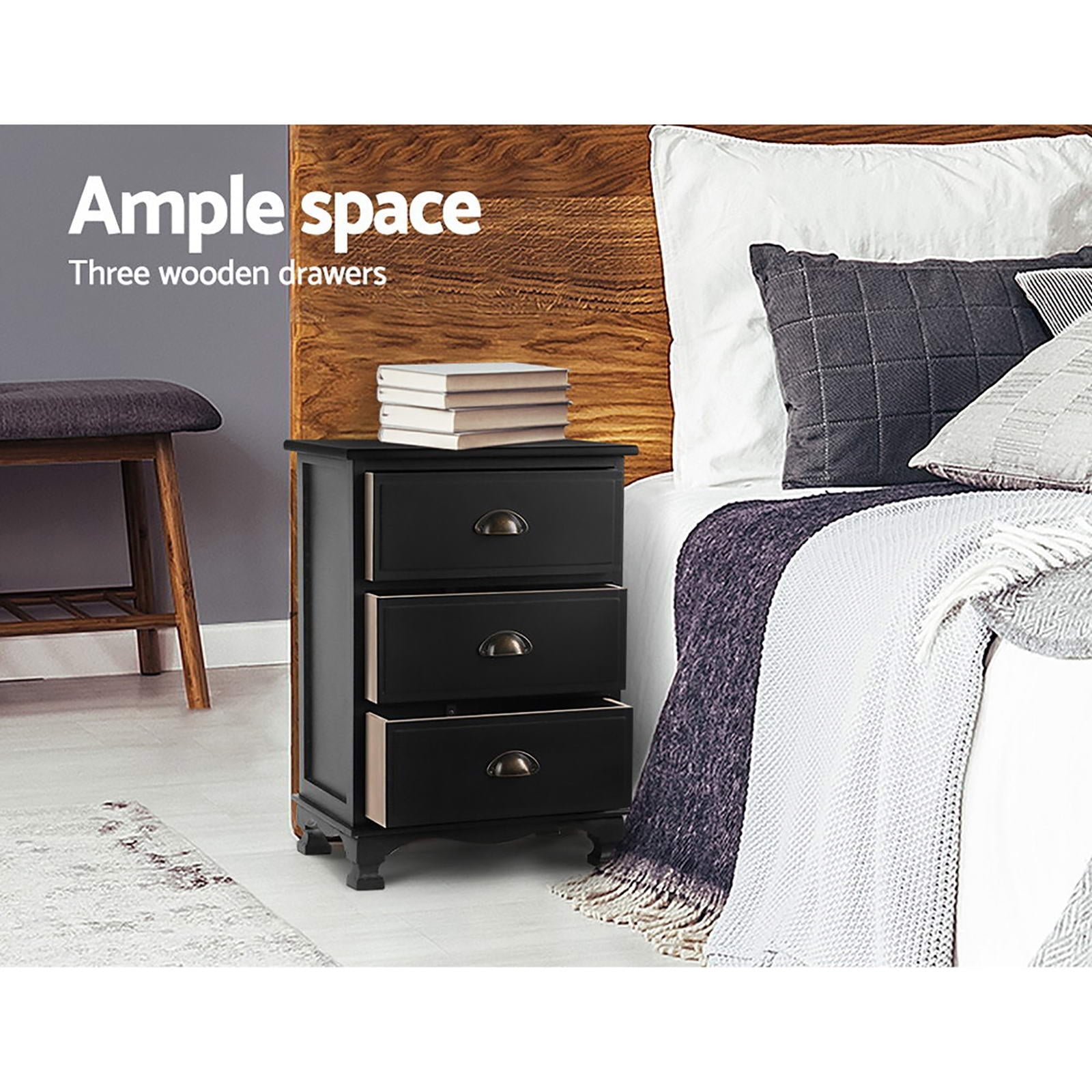 Artiss 2x Bedside Table 3 Drawers Vintage - THYME Black Artiss