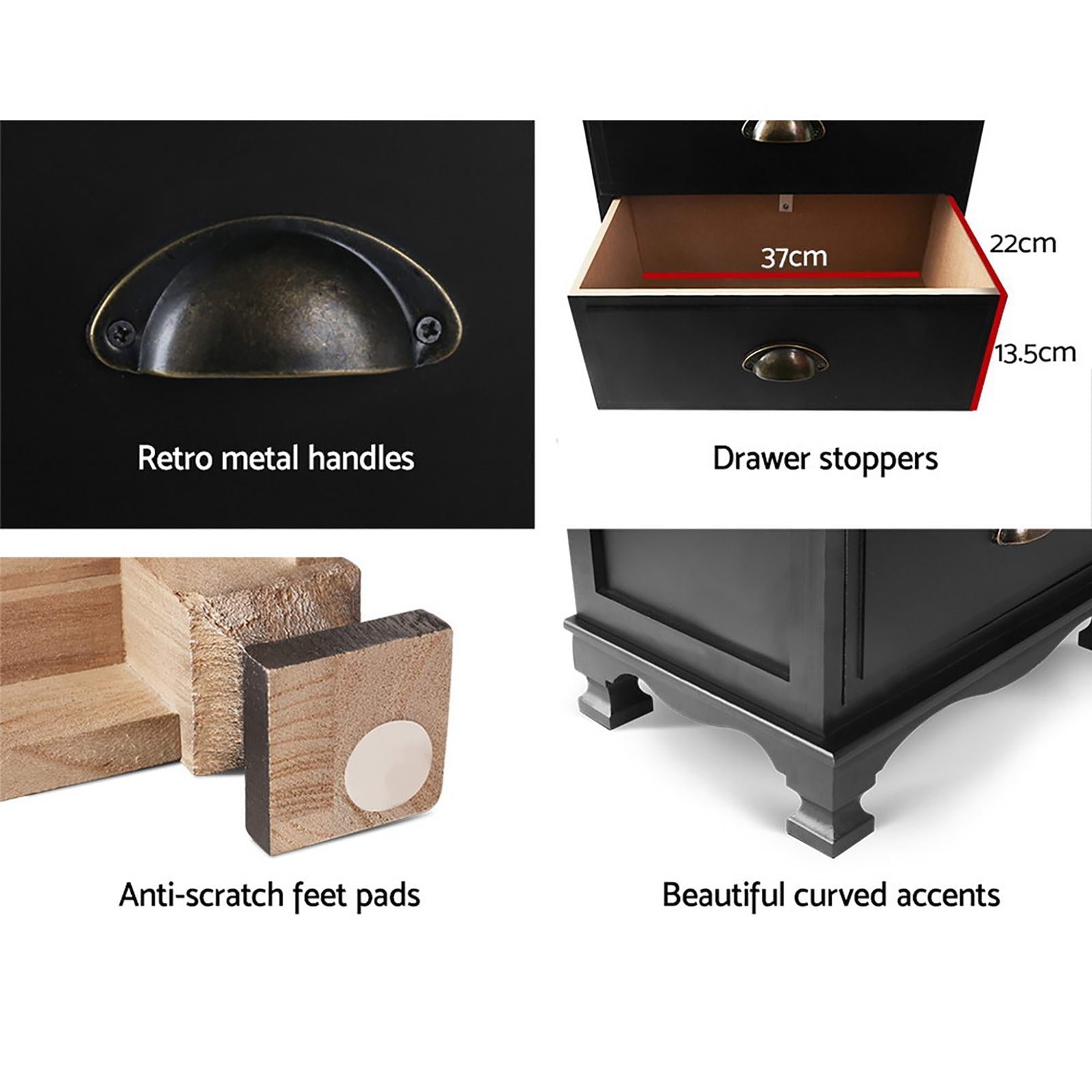 Artiss 2x Bedside Table 3 Drawers Vintage - THYME Black Artiss