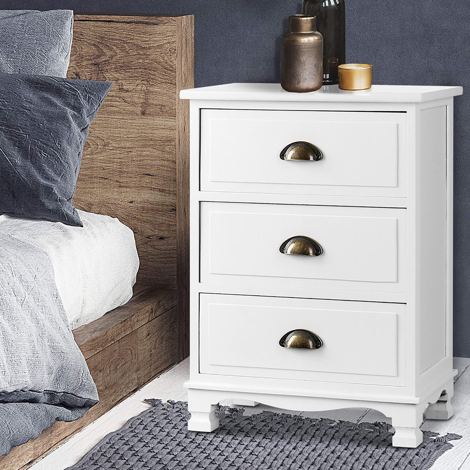 Artiss 2x Bedside Table 3 Drawers Vintage - THYME White Artiss