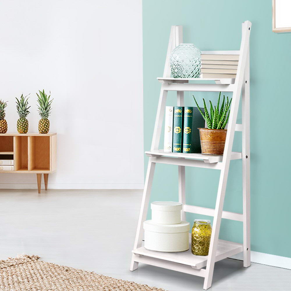 Artiss Display Shelf 3 Tier Wooden Ladder Stand Rack White Artiss