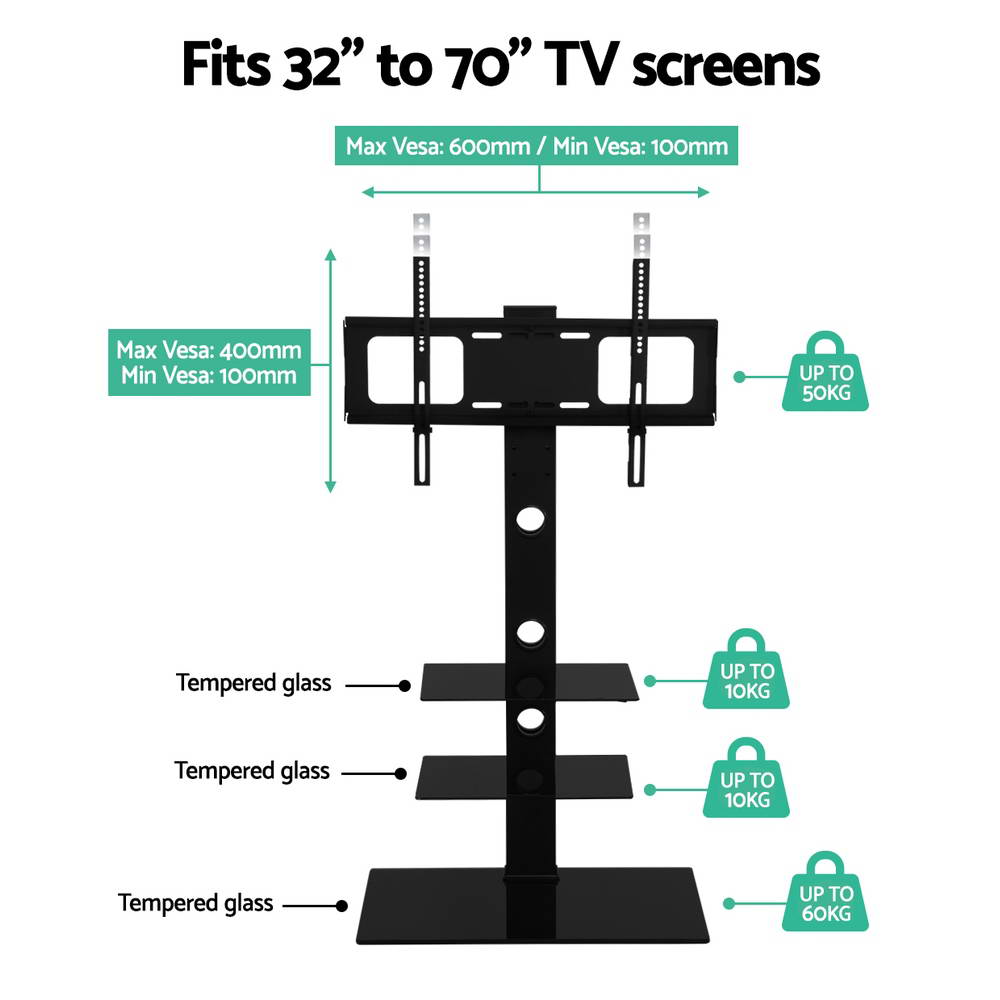 Artiss Floor TV Stand Brakcket Mount Swivel Height Adjustable 32 to 70 Inch Black Artiss