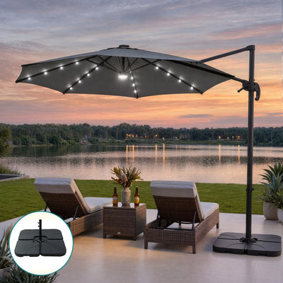 Instahut Outdoor Umbrella w/Base 3m Solar LED Offset Cantilever Patio Parasol Charcoal