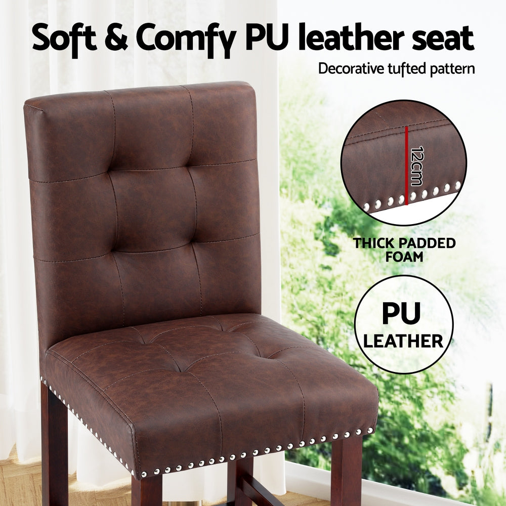 Artiss 2x Bar Stools Kitchen Dining Chairs Counter PU Leather Wooden Ada Brown Awezingly