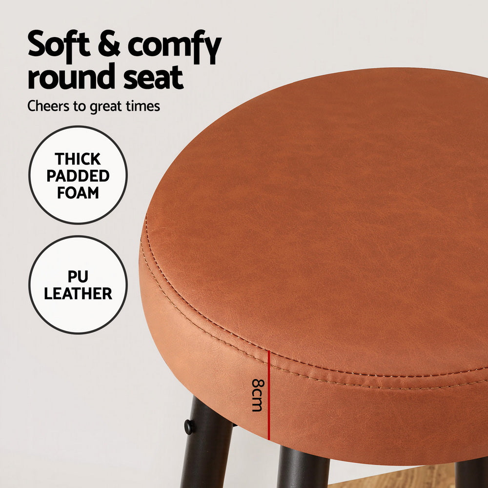 Artiss 2x Bar Stools Kitchen Dining Chairs Counter Round PU Leather Lane Brown Awezingly