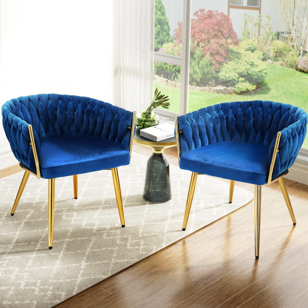 1 Set of 2 Artiss Dining Chairs Velvet Weaving Armchair Blue Artiss