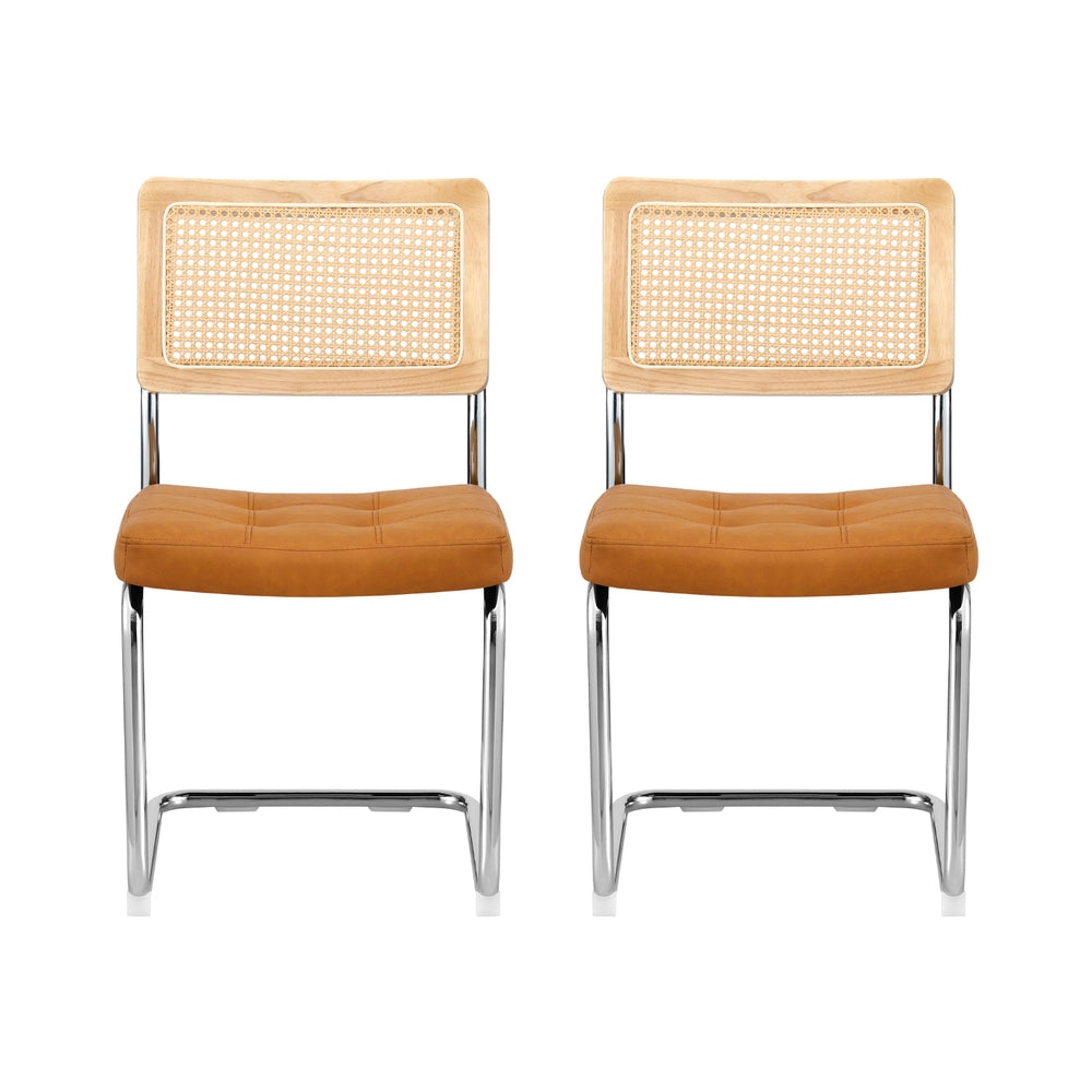 Artiss Dining Chairs Set of 2 PU Leather Rattan Cantilever Brown Awezingly