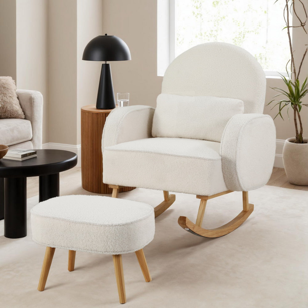 Artiss Armchair Rocking Chair Ottoman Lounge Footrest Round Nursing Boucle White Artiss