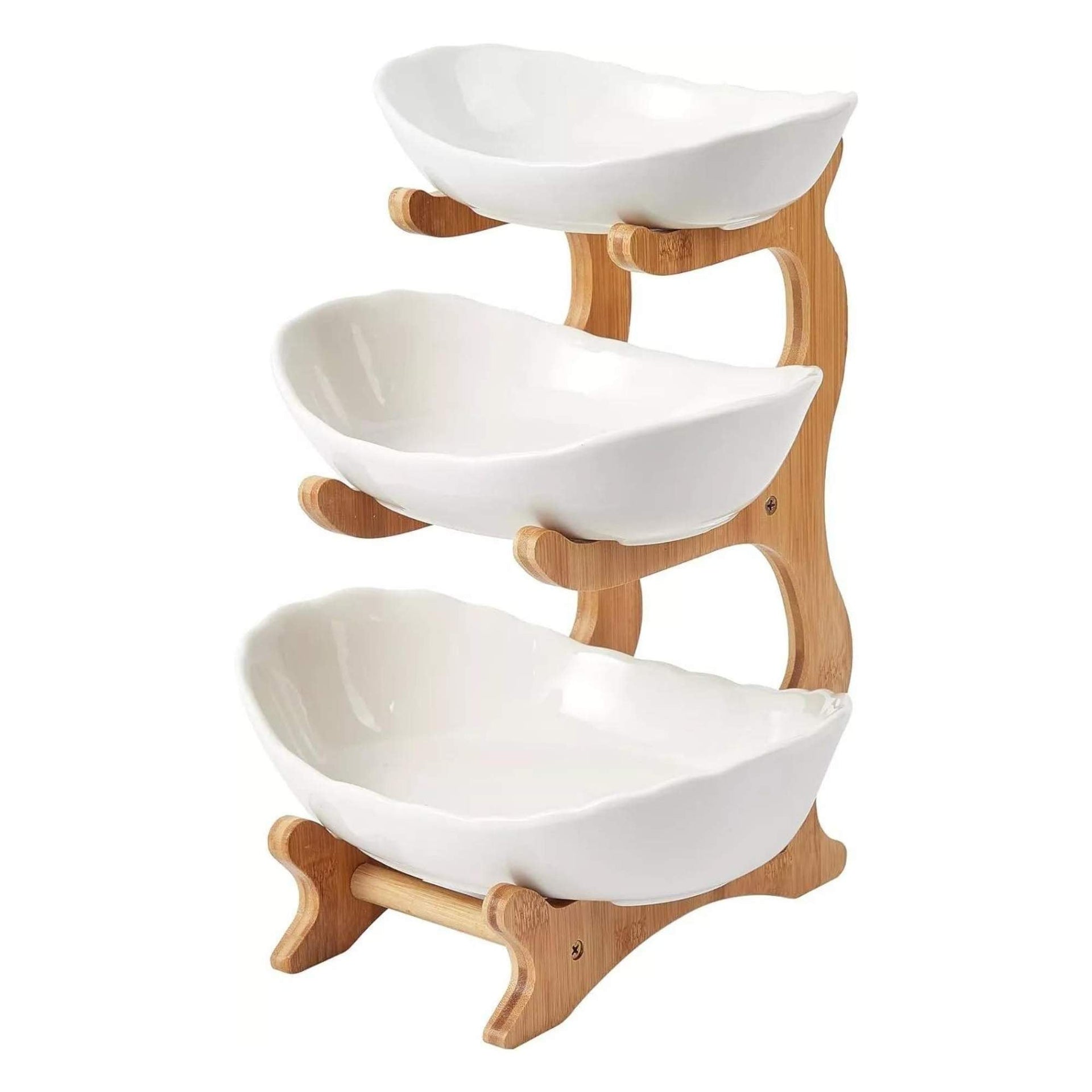 3 Tier Porcelain Fruit Bowl - Ceramic Vegetable Storage With Bamboo Stand Does Not Apply