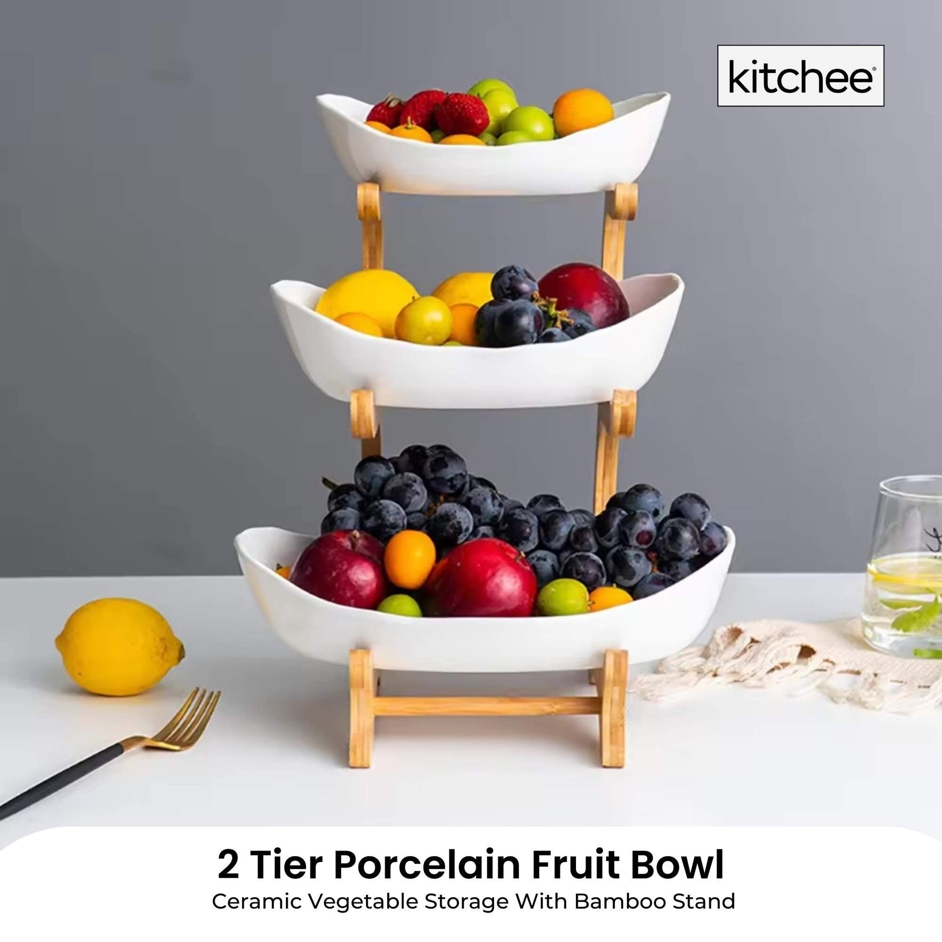 3 Tier Porcelain Fruit Bowl - Ceramic Vegetable Storage With Bamboo Stand Does Not Apply