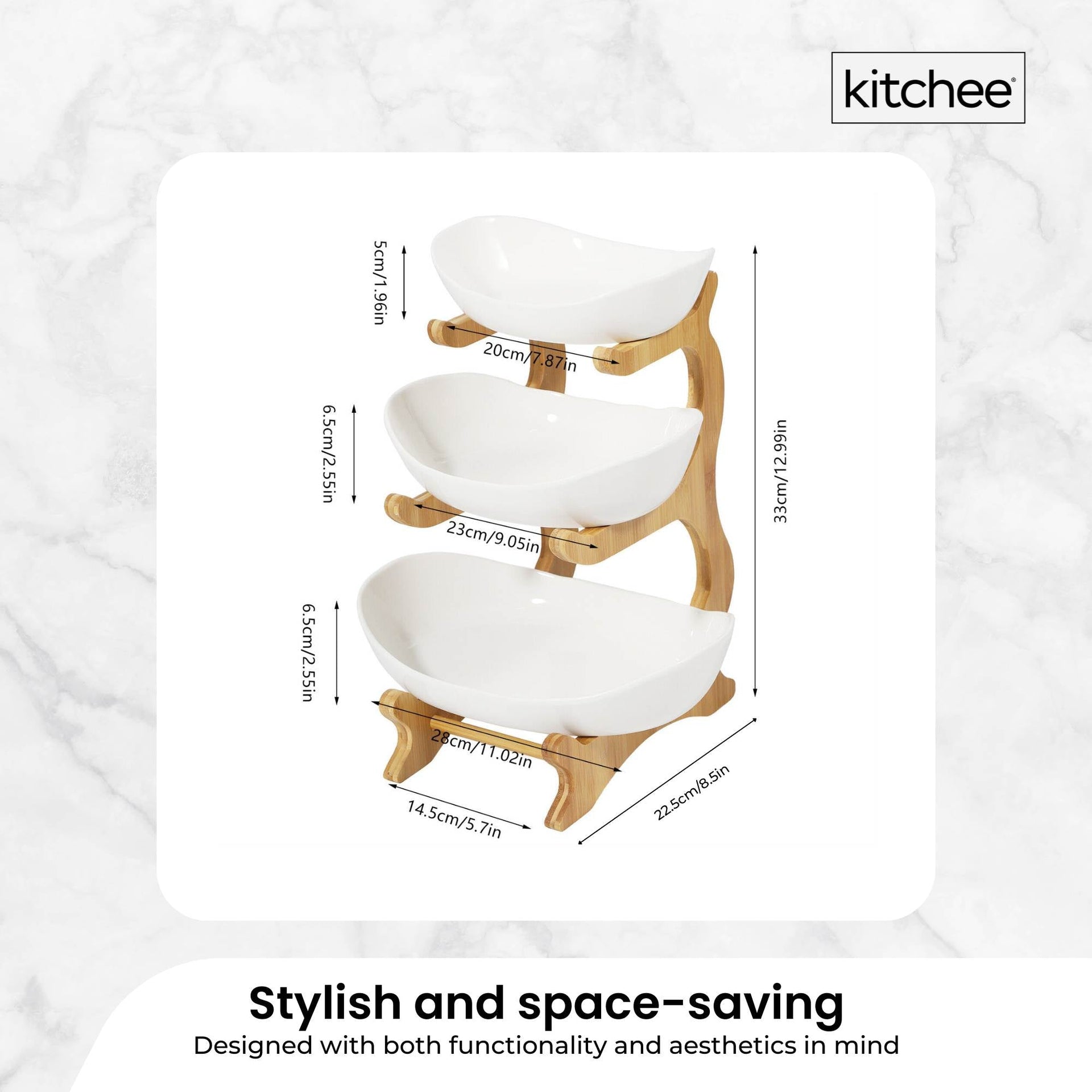 3 Tier Porcelain Fruit Bowl - Ceramic Vegetable Storage With Bamboo Stand Does Not Apply