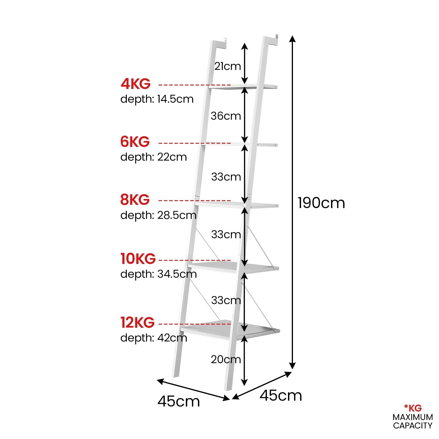 Sarantino Amelia 5-Tier Ladder Shelf in White Awezingly