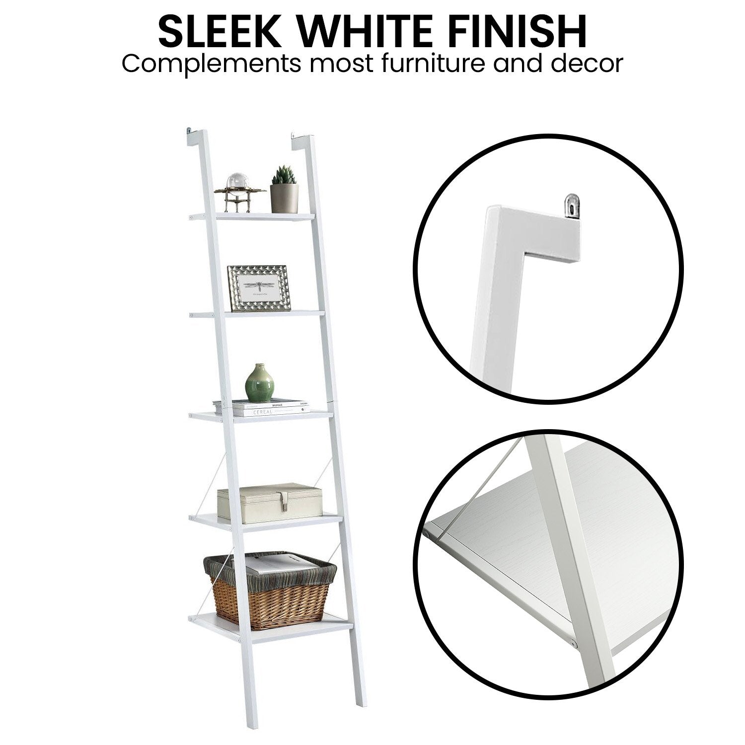 Sarantino Amelia 5-Tier Ladder Shelf in White Awezingly