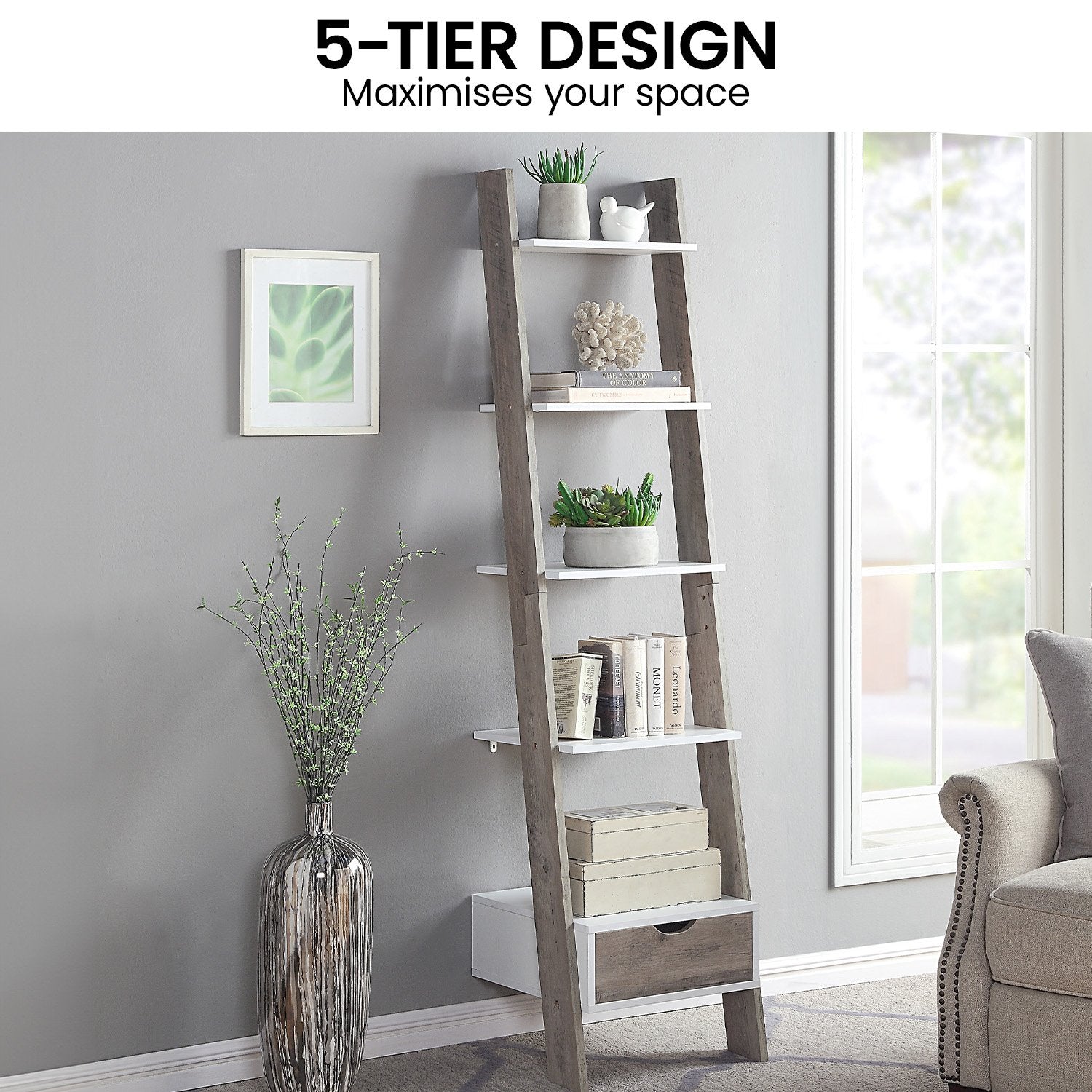 Sarantino Mira 5-tier Ladder Shelf In White And Grey Oak Awezingly