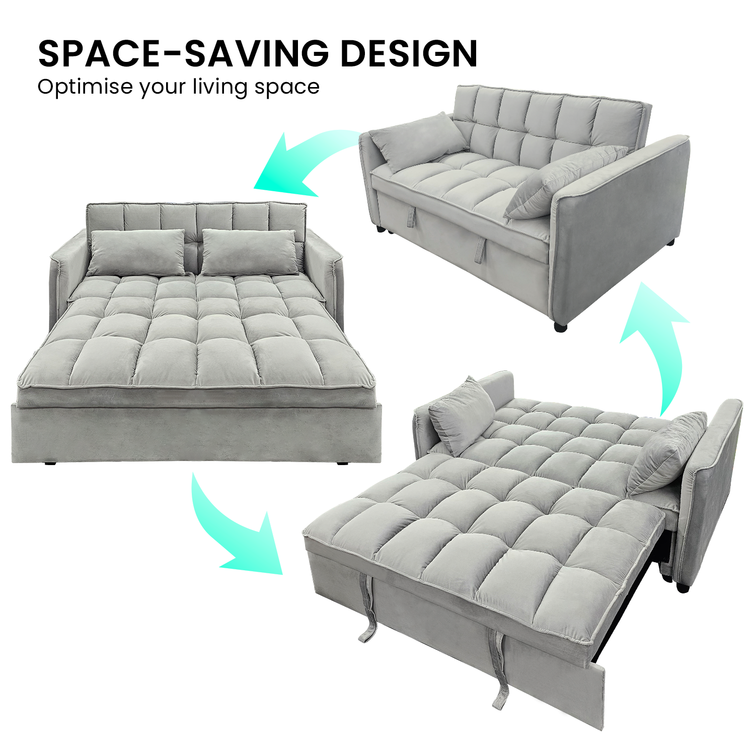 Sarantino Quincy 2-Seater Velvet Sofa Bed in Dark Grey with Wooden Frame and Tufted Design - Light Grey Sarantino