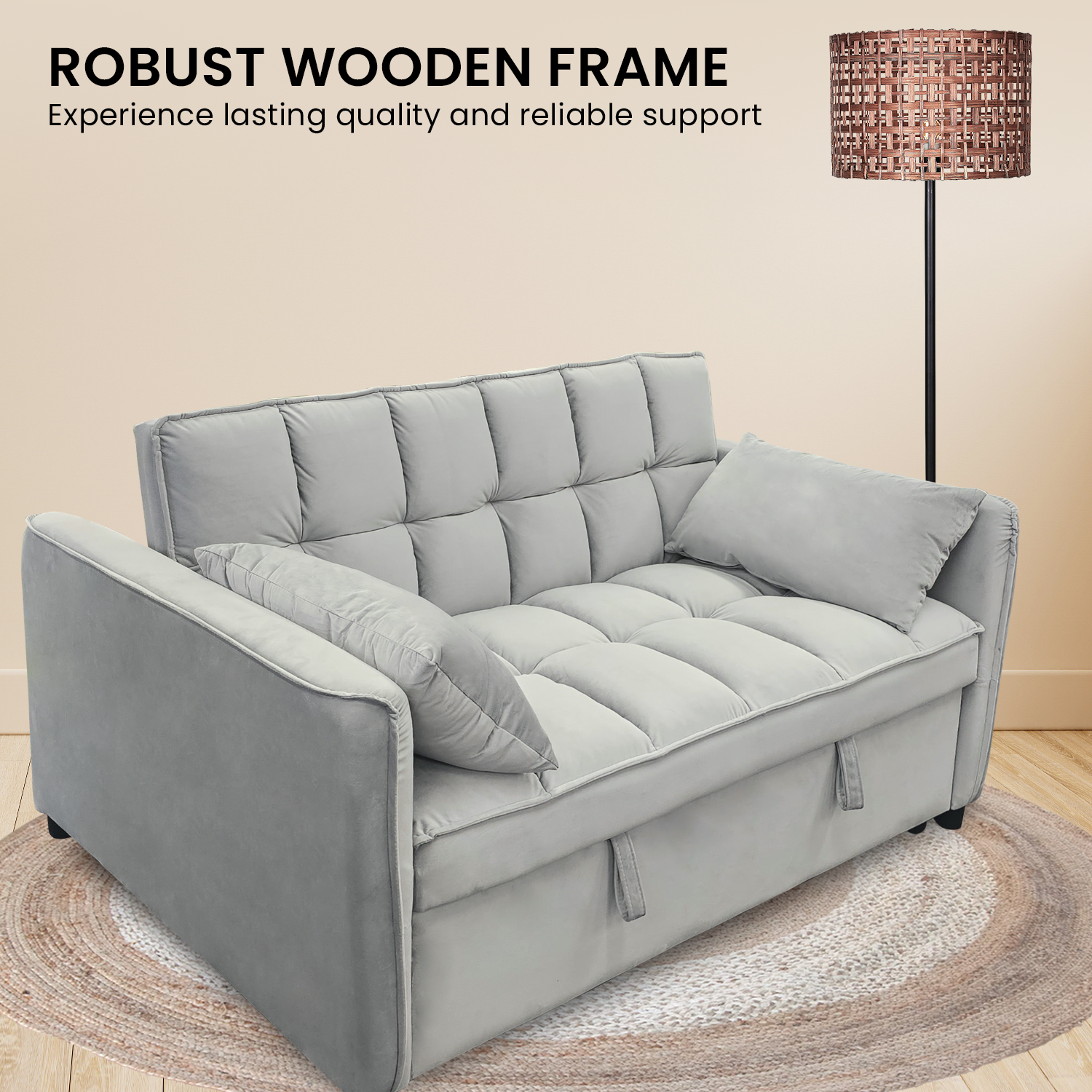 Sarantino Quincy 2-Seater Velvet Sofa Bed in Dark Grey with Wooden Frame and Tufted Design - Light Grey Sarantino
