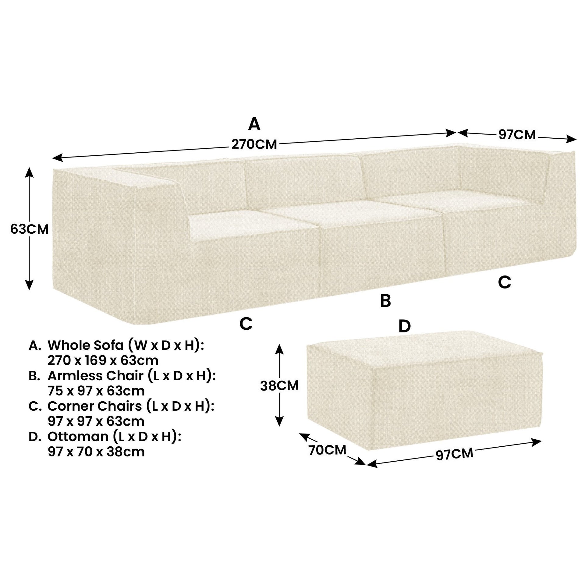 Sarantino Novi 3-Seater Modular Sofa with Ottoman in Cream Non-Slip Bottom Lounge Awezingly