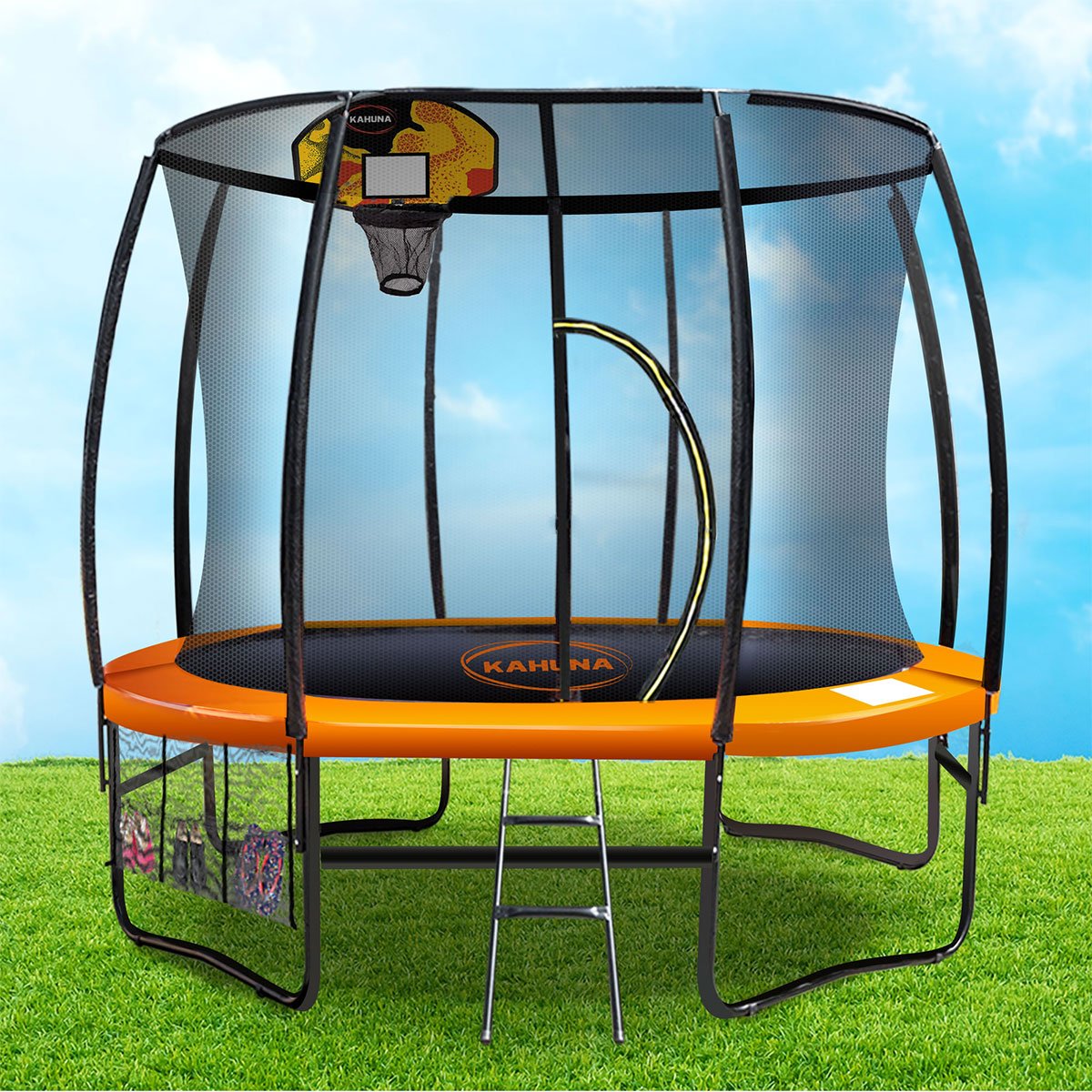 Kahuna 10ft Outdoor Trampoline Kids Children With Safety Enclosure Mat Pad Net Ladder Basketball Hoop Set Orange