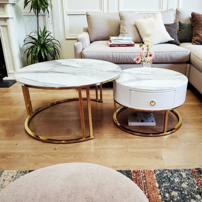 Snowy Mountain Faux Modern Marble Slate Nesting Coffee Table Set Leather Wrapped Wood Drawers Awezingly