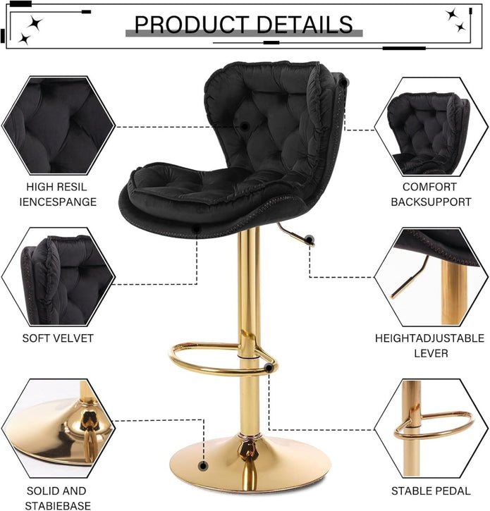 SERENITà Swivel Bar Stools Set of 2 Counter Height Barstools with Back Velvet Upholstered Adjustable Stool Chair Mid Century Modern Bar Stool for Kitchen Island (Black) Awezingly