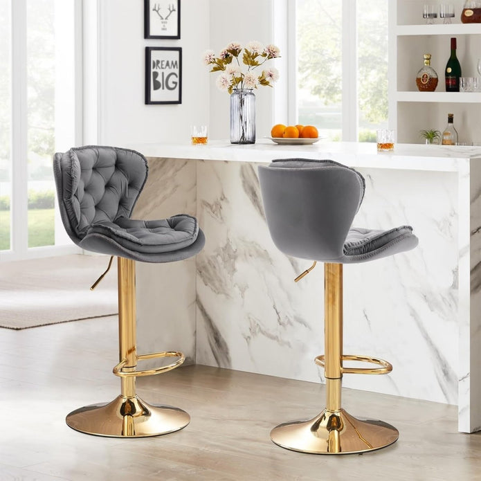 SERENITà Swivel Bar Stools Set of 2 Counter Height Barstools with Back Velvet Upholstered Adjustable Stool Chair Min Century Modern Bar Stool for Kitchen Island (Grey) Awezingly