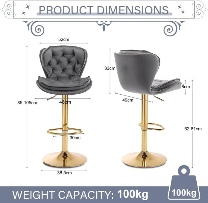 SERENITà Swivel Bar Stools Set of 2 Counter Height Barstools with Back Velvet Upholstered Adjustable Stool Chair Min Century Modern Bar Stool for Kitchen Island (Grey) Awezingly