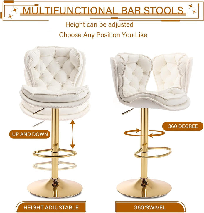 SERENITà Swivel Bar Stools Set of 2 Counter Height Barstools with Back Velvet Upholstered Adjustable Stool Chair Min Century Modern Bar Stool for Kitchen Island (Ivory) Awezingly