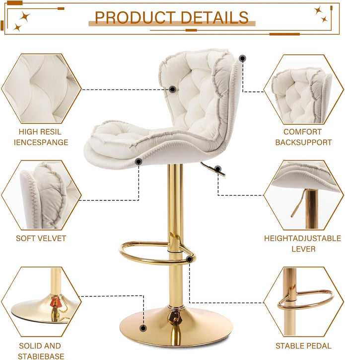 SERENITà Swivel Bar Stools Set of 2 Counter Height Barstools with Back Velvet Upholstered Adjustable Stool Chair Min Century Modern Bar Stool for Kitchen Island (Ivory) Awezingly