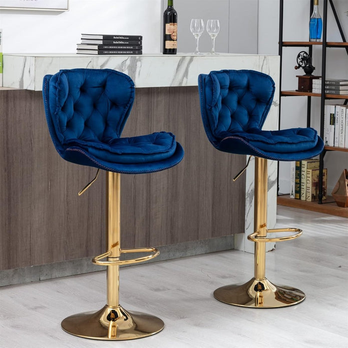 SERENITà Swivel Bar Stools Set of 2 Counter Height Barstools with Back Velvet Upholstered Adjustable Stool Chair Mid Century Modern Bar Stool for Kitchen Island (Navy Blue) Awezingly