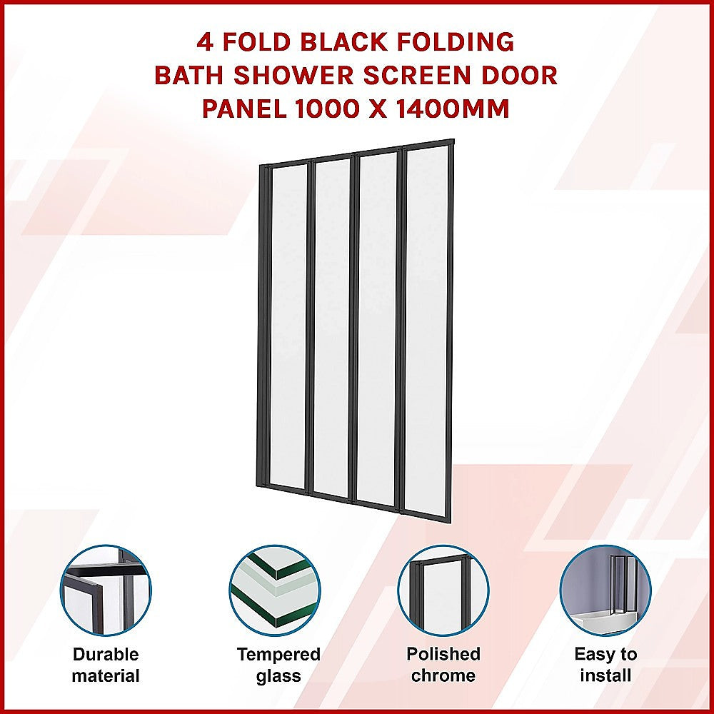 4 Fold Black Folding Bath Shower Screen Door Panel 1000 x 1400mm Della Francesca