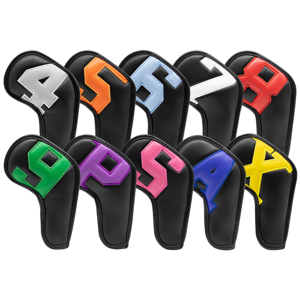 Black covers with various colored numbers, Premium PU Leather Golf Iron Headcover Set (10pcs) | Numbered 4-9, P, S, A, X | Protective Club Covers for Irons Does Not Apply