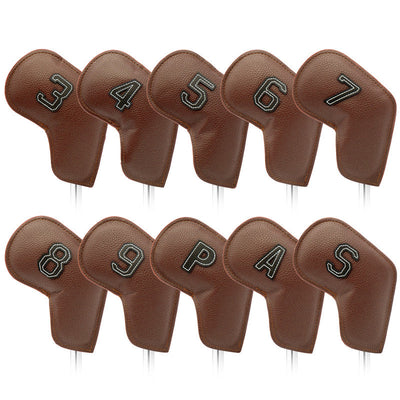 Brown Golf Iron Head Covers Set of 10 - Waterproof PU Leather Club Protectors with Embroidered Numbers (3-9, P, A, S)
