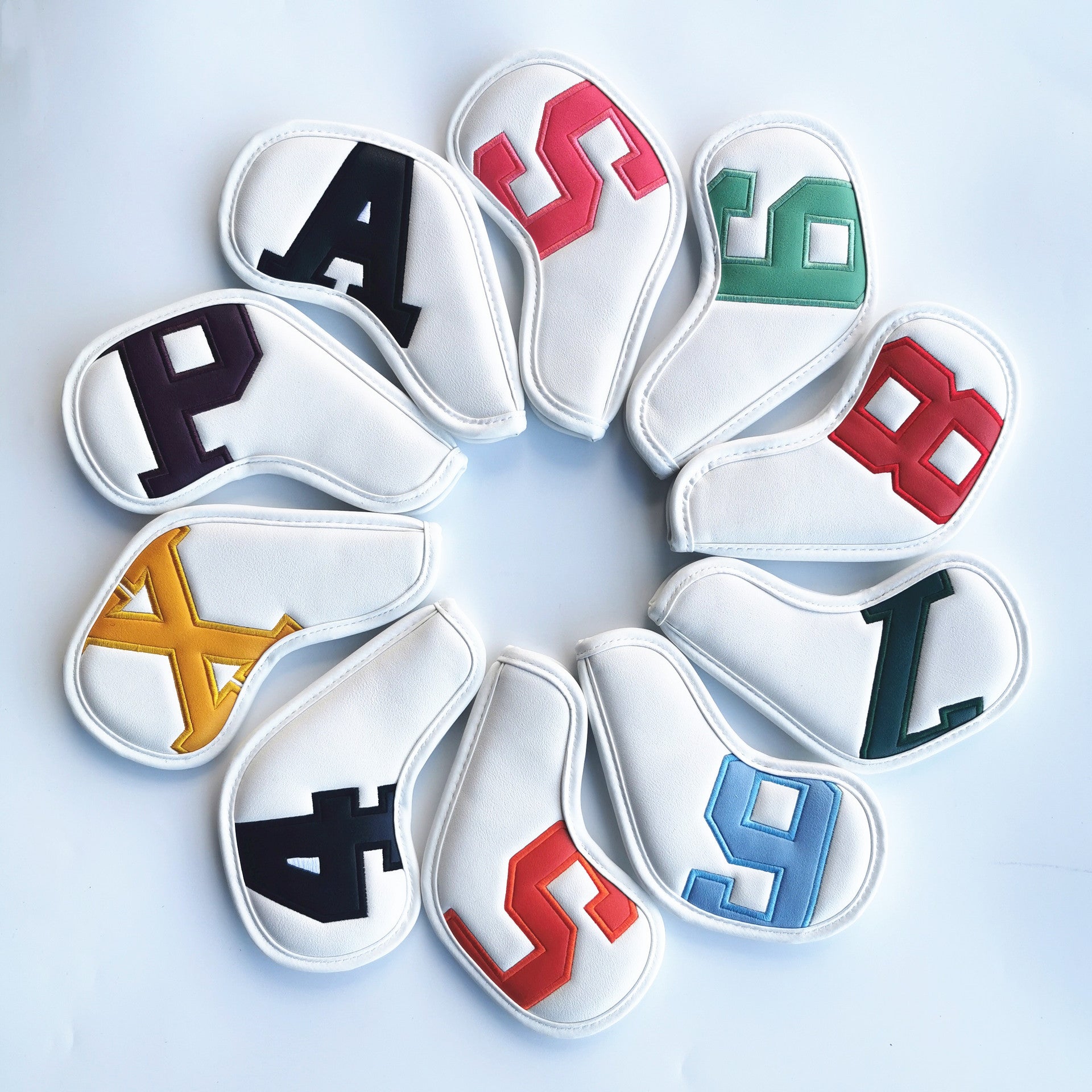 Colorful Words On White Background PU Leather Golf Iron Headcovers Set (10pcs) - Numbered Protective Club Covers (4-9, P, A, S, L) Universal Fit Does Not Apply