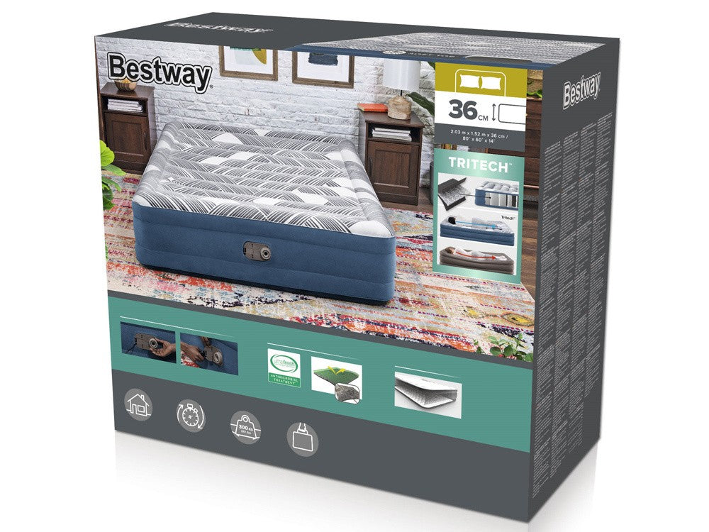 Bestway 2.03m x 1.52m x 36cm Tritech Fashion Flock comfortable inflatable Air Mattress Queen Built-in AC Pump Bestway