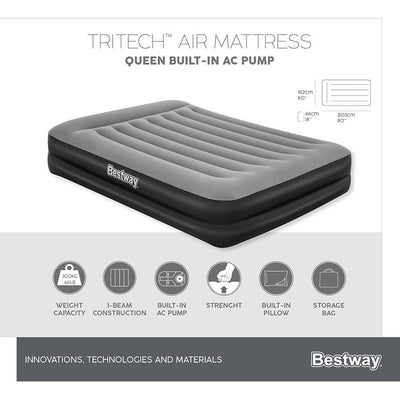 Bestway 2.03m x 1.52m x 46cm Tritech Air Mattress Queen Built-in AC pump